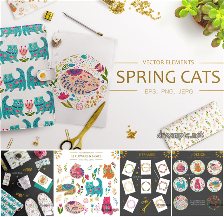 A0234矢量AI设计素材 手绘民族风猫咪花纹插画印花包装纹理+png