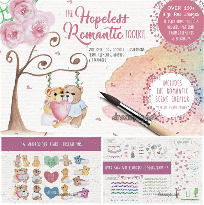 [778]矢量AI设计素材 水彩爱情浪漫泰迪熊花纹背景纹理印花+png