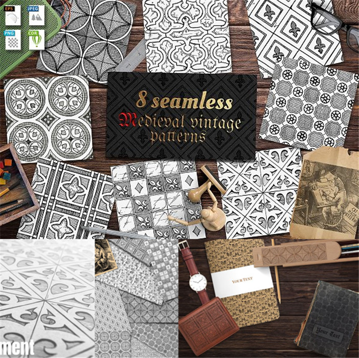 [642]AI矢量设计素材 8张中世纪复古花纹印花包装四方连续图+CDR