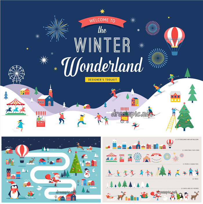 [767]AI矢量设计素材 扁平化冬季小镇建筑图标滑雪人插画banner