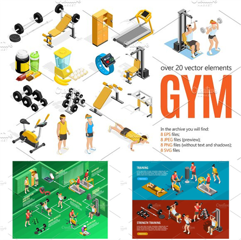 [605]AI矢量设计素材 扁平化Isometric运动健身减肥可视化信息图
