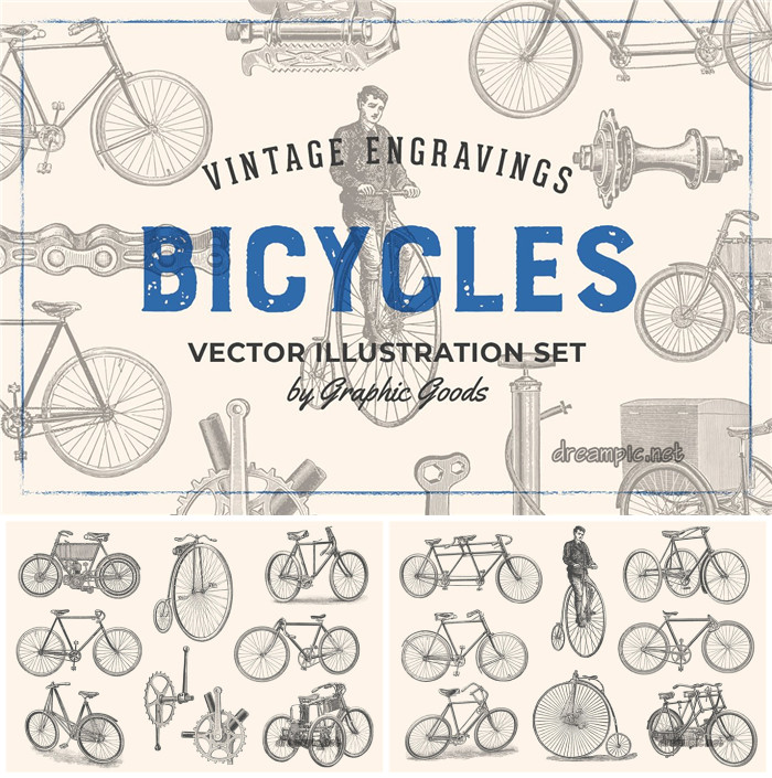A0834矢量AI设计素材 复古老式自行车线稿配件插画logo印花图+png