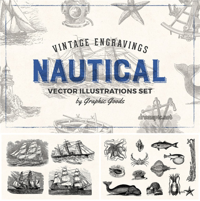 A0829矢量AI设计素材 复古海洋元素生物老式帆船蒸汽船指南针+png