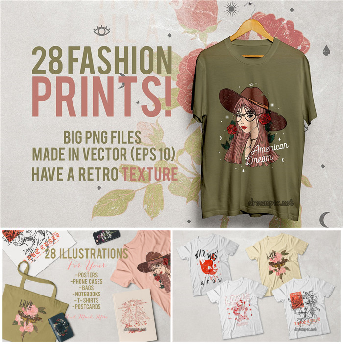 A0049矢量AI设计素材 28张卡通T恤印花插画花朵动物头像源文件