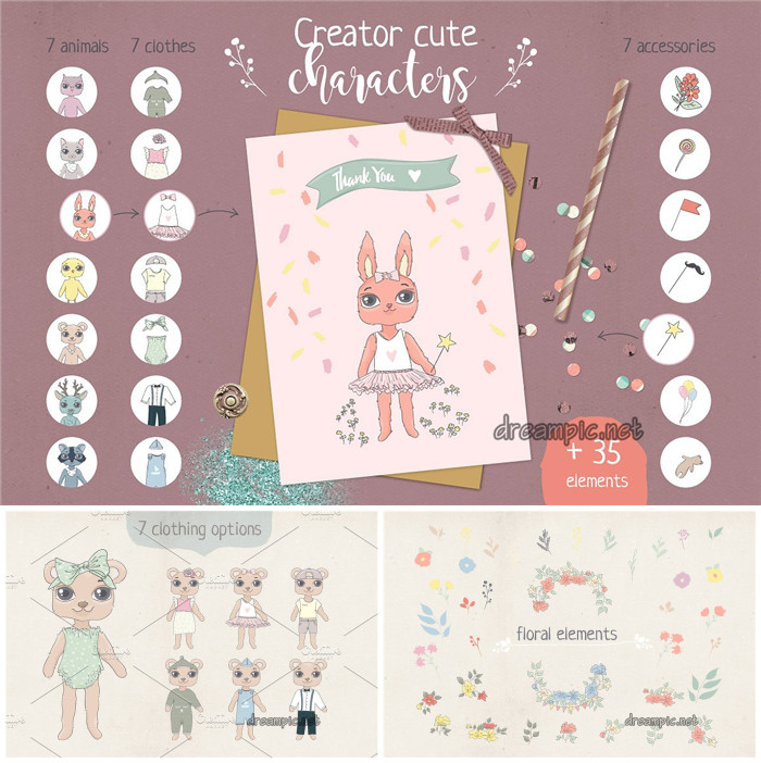 A0813矢量AI设计素材 可爱动物形象插画花朵横幅边框数字含PNG