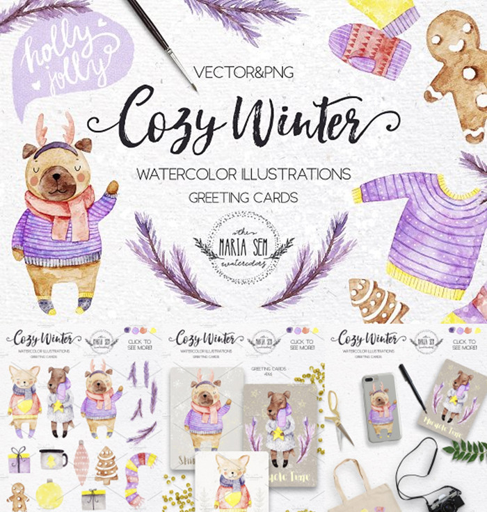 [688]AI矢量设计素材 水彩卡通狗狗围巾圣诞节毛衣插画+PNG高清