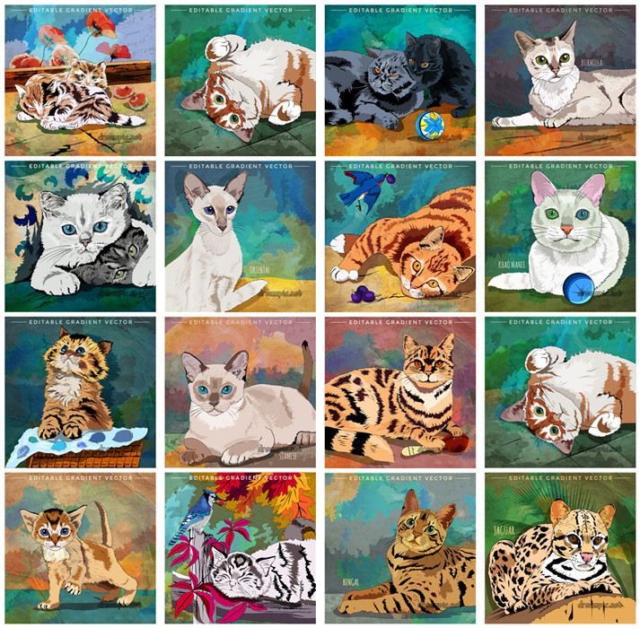 [736]AI矢量设计素材 水彩手绘宠物猫咪插画