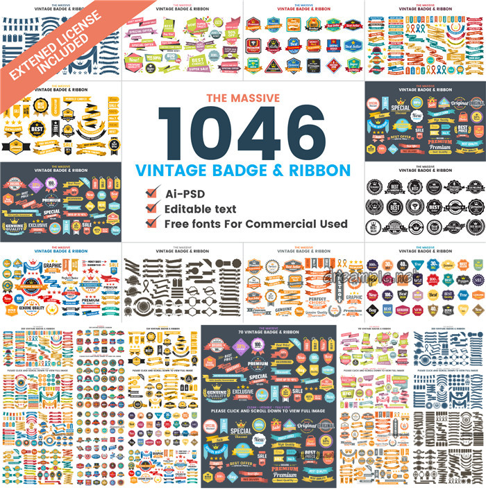 A0805矢量AI设计素材 1046个复古标签logo飘带banner装饰几何+psd