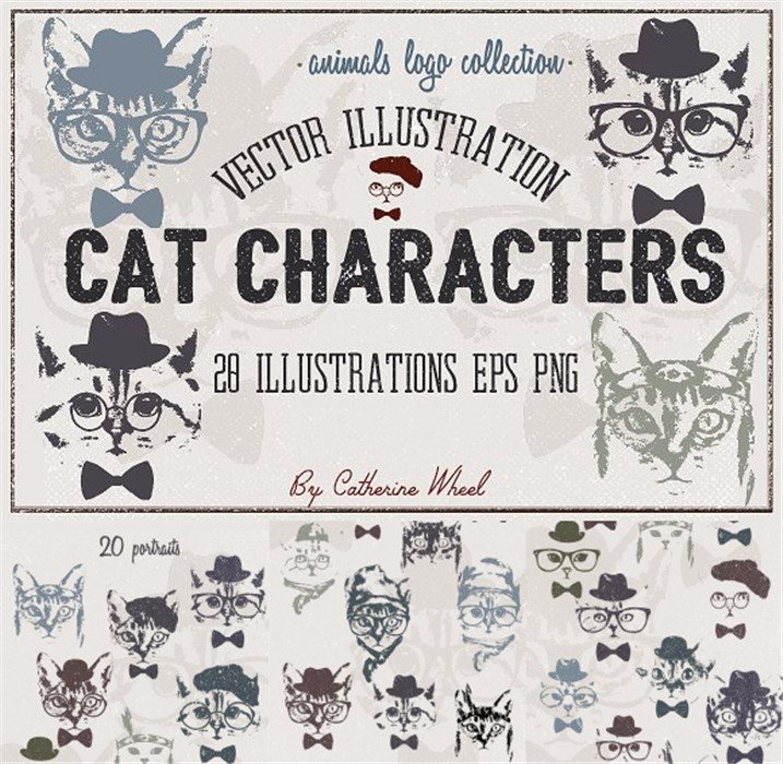 [691]AI矢量设计素材 复古斑驳风格猫咪头像剪影线条LOGO图+PNG