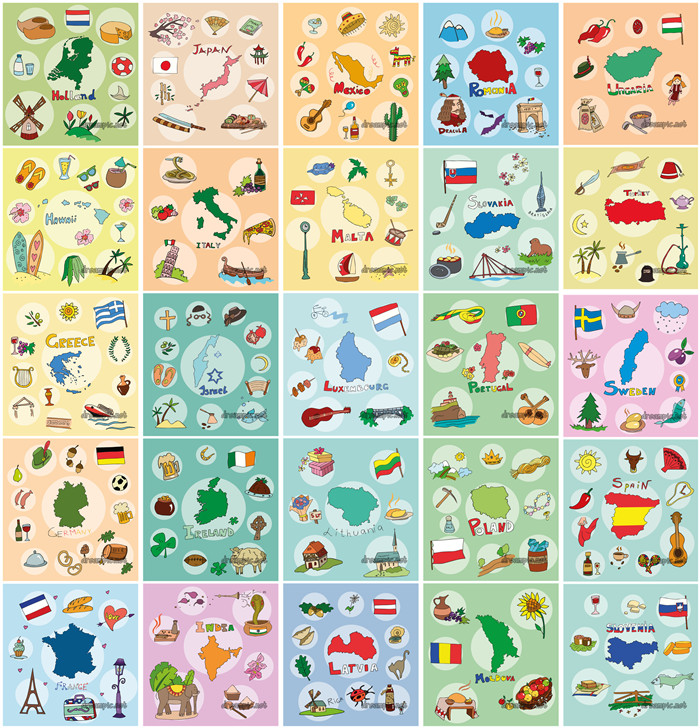[611]AI矢量设计素材 25张国家文化图标日本德国波兰意大利法国
