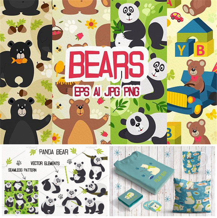[654]AI矢量设计素材 可爱动物熊猫小熊北极熊泰迪熊印花包装+png