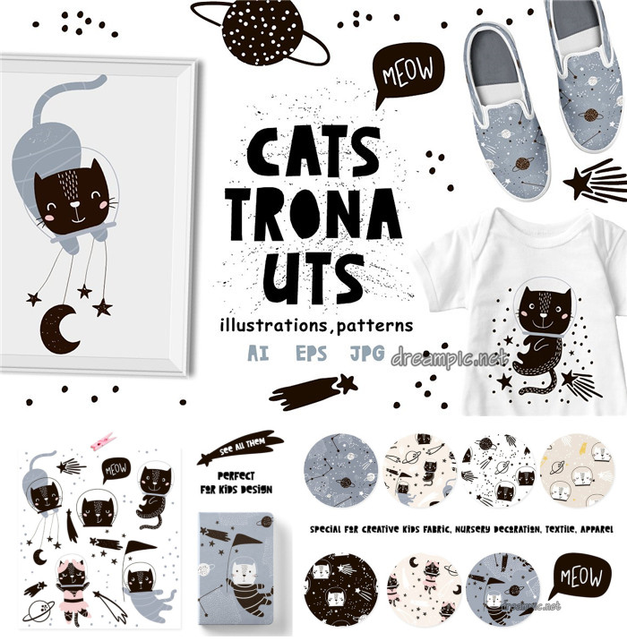 [765]AI矢量设计素材 可爱猫咪宇航员插画印花包装纹理图