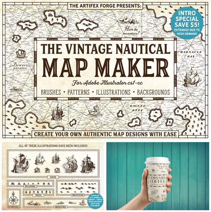 [687]AI矢量设计素材 复古航海地图羊皮纸纹理帆船航海时代插画