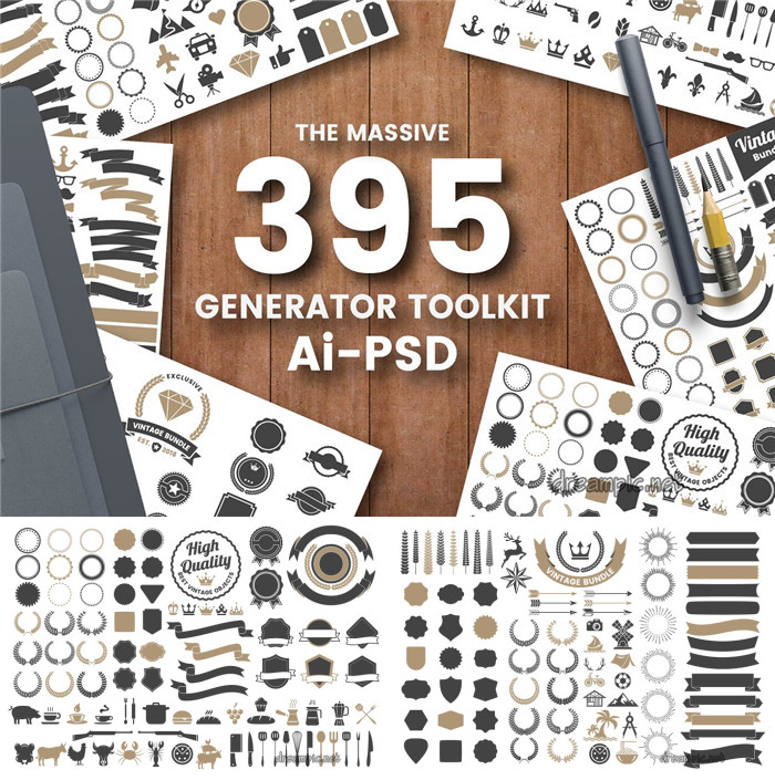 [782]矢量AI设计素材 395个装饰标签banner图标logo创建+psd格式