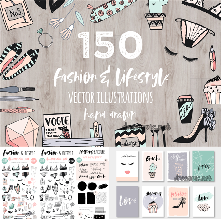 A0027矢量AI设计素材 150个手绘时尚服饰内衣化妆品手绘插画+png