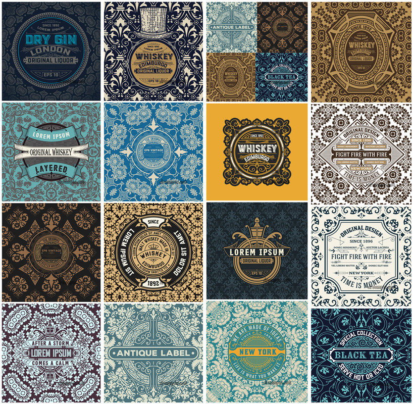 [658]AI矢量设计素材 复古欧式花纹边框logo标签印花卡片背景图