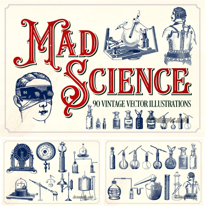 A0798矢量AI设计素材 90张复古科学主题插画仪器化学科学家含PNG