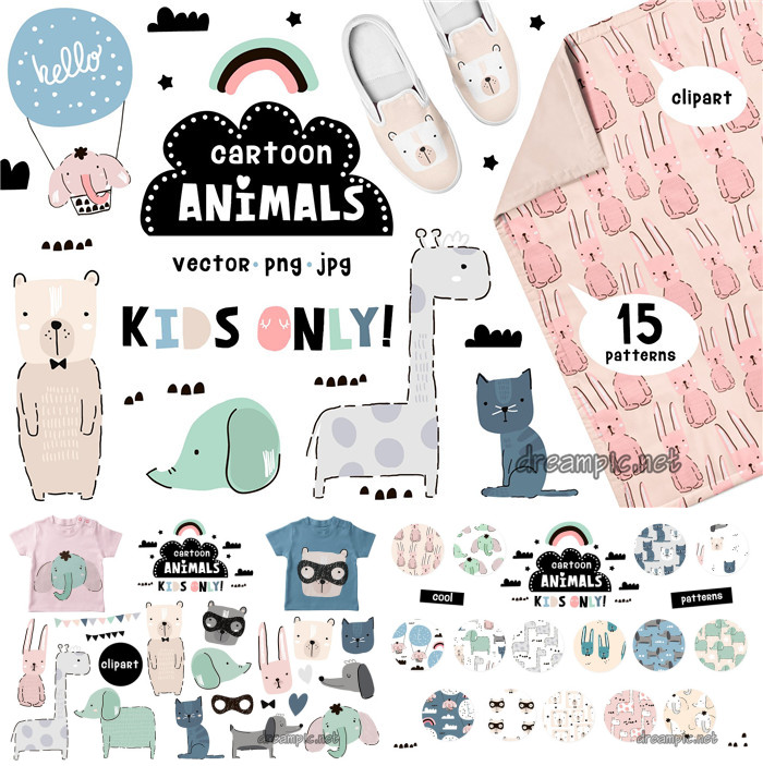 A0129矢量AI设计素材 可爱动物大象猫咪四方连续印花包装背景+png