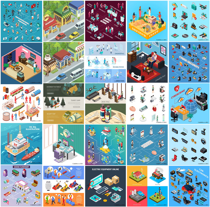 A0387矢量AI设计素材 25张扁平化轴测图室内建筑网络商务信息图