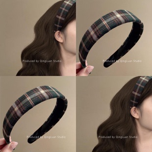 高级感ins学院风发旅头箍 绿色格子宽边发箍女2025新款 美式 复古