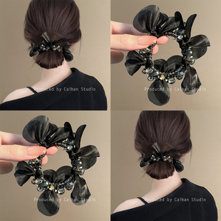 黎明暮歌~韩版仿水晶串珠发圈复古网纱花瓣皮筋扎头女高级感盘发