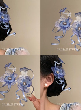 花雾诗~蓝色缎带花朵发夹边夹