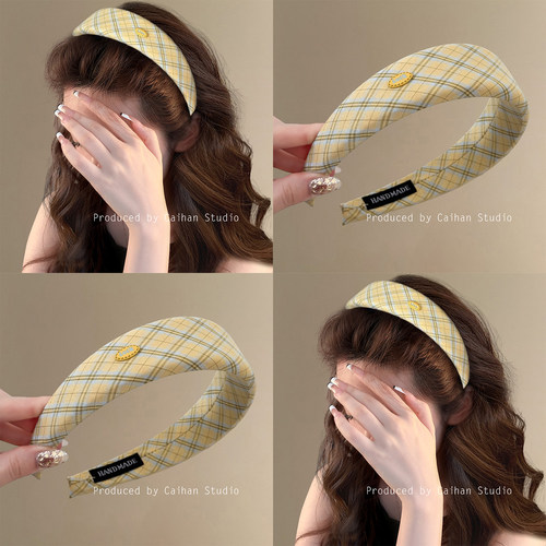 柠香甜茶~气质黄色格纹发箍