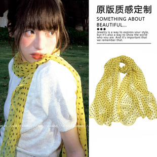 明媚大女主~法式复古黄色波点丝巾系脖高级感气质ins纱巾围巾薄款