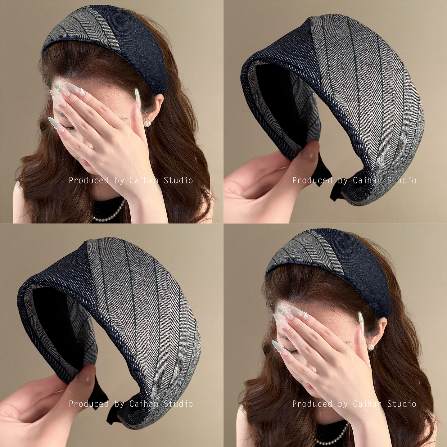 锈色丹宁~韩国拼色牛仔宽边发箍