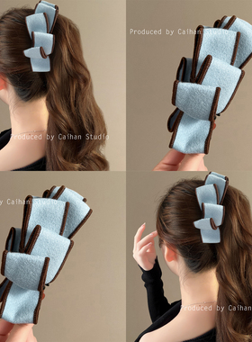 海盐眠冬~韩国奶蓝色毛呢蝴蝶结香蕉夹温柔气质ins马尾夹旅行发卡