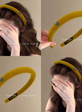 秋日曼哈顿~复古丝绒蝴蝶结发箍高级美拉德姜黄色头箍女新款盘发