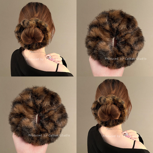 时髦早报~复古毛绒豹纹大肠发圈慵懒气质秋冬高弹力发绳旅行发卡