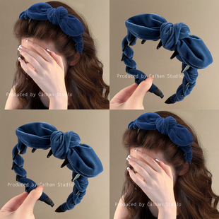 深蓝慕斯 秋冬洗脸头箍盘发器 复古丝绒蝴蝶结齿梳发箍女2025新款