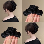 法式 黑缎 高级感 褶皱布艺抓夹发量大复古黑色后脑勺盘发鲨鱼夹