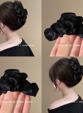 黑缎的高级感~法式褶皱布艺抓夹发量大复古黑色后脑勺盘发鲨鱼夹