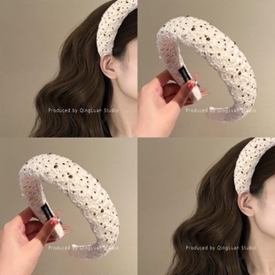 白日暖暖 温柔小香风毛绒发箍高颅顶甜美水钻宽边海绵头箍盘发器