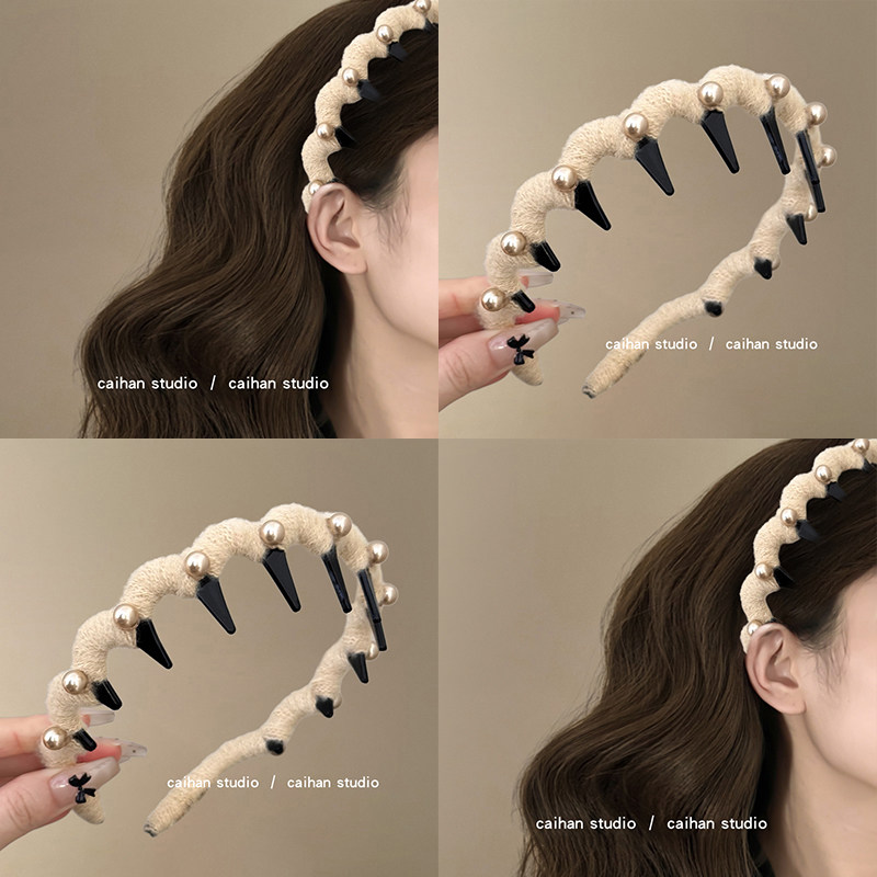 温柔的珍珠~毛线波浪带齿发箍女2025年新款高级感蓬松发卡盘发器