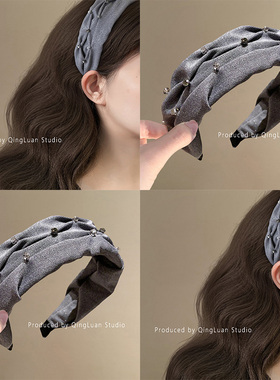 烟雨朦胧~灰色仿水晶石宽发箍韩版细闪重工高颅顶头箍高级感盘发