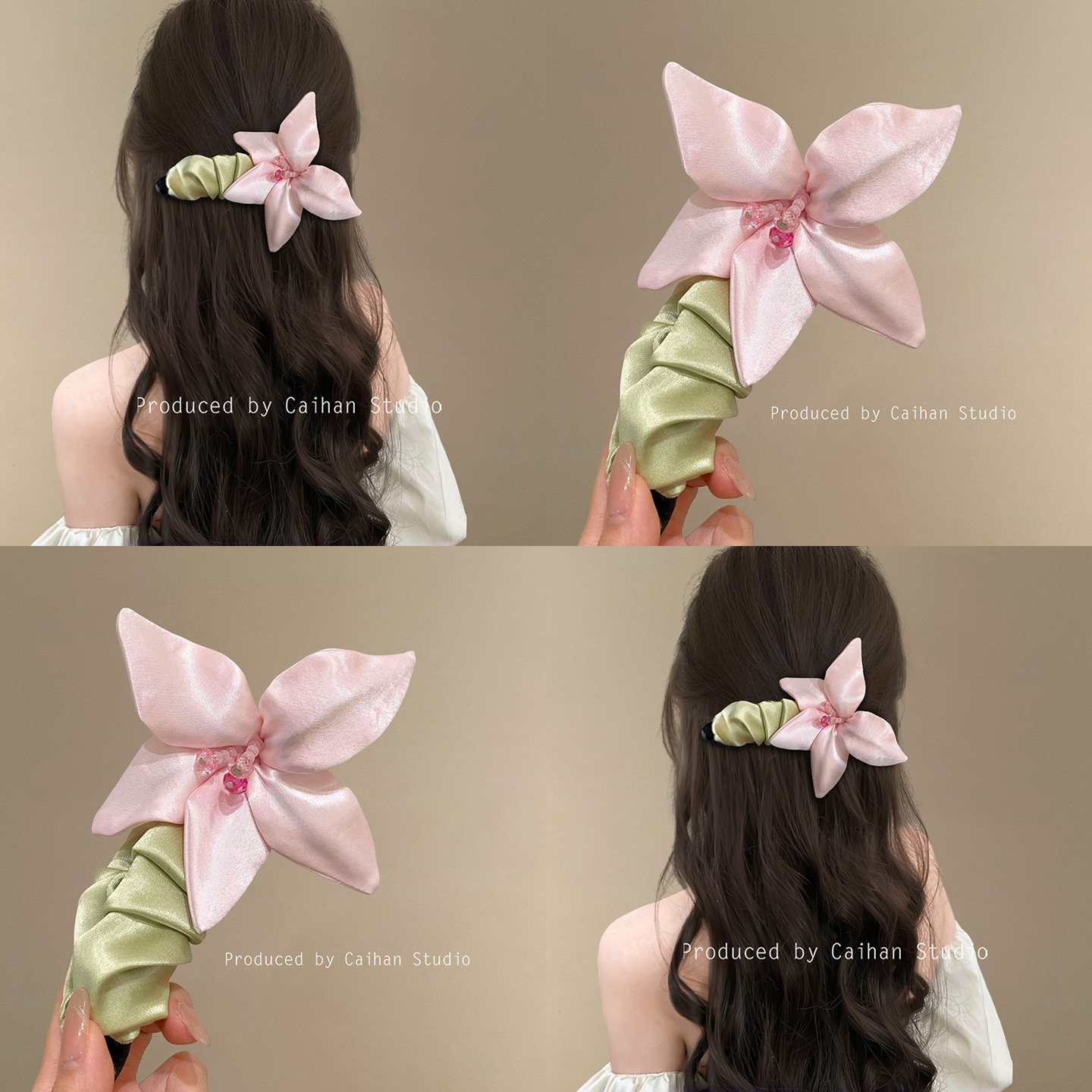 花仙缭绕~粉色百合花朵香蕉夹春日氛围感甜美少女缎面马尾夹发饰