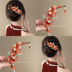 落日珊瑚~琉璃花朵珍珠发夹超仙手作国风刘海碎发夹重工旅行发卡