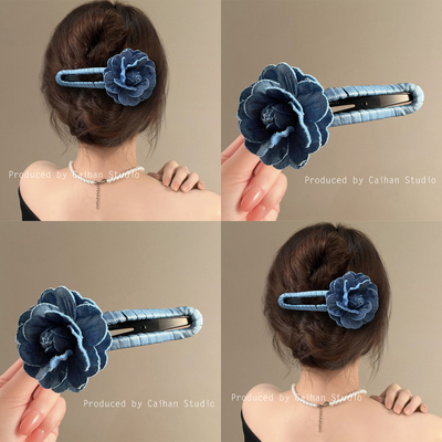 旧街玫瑰~复古牛仔蓝花朵鸭嘴夹