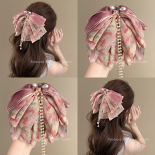 棠花馥雪 甜美蝴蝶结流苏抓夹旅行发卡 仙气雪纺碎花马尾夹新中式