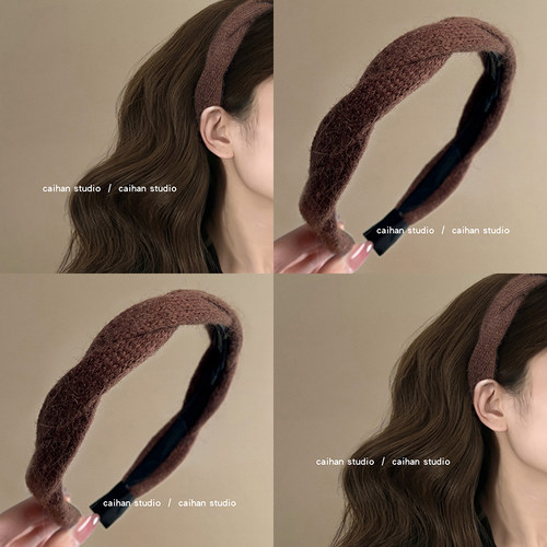 可可松果褐~毛绒绒麻花发箍新款
