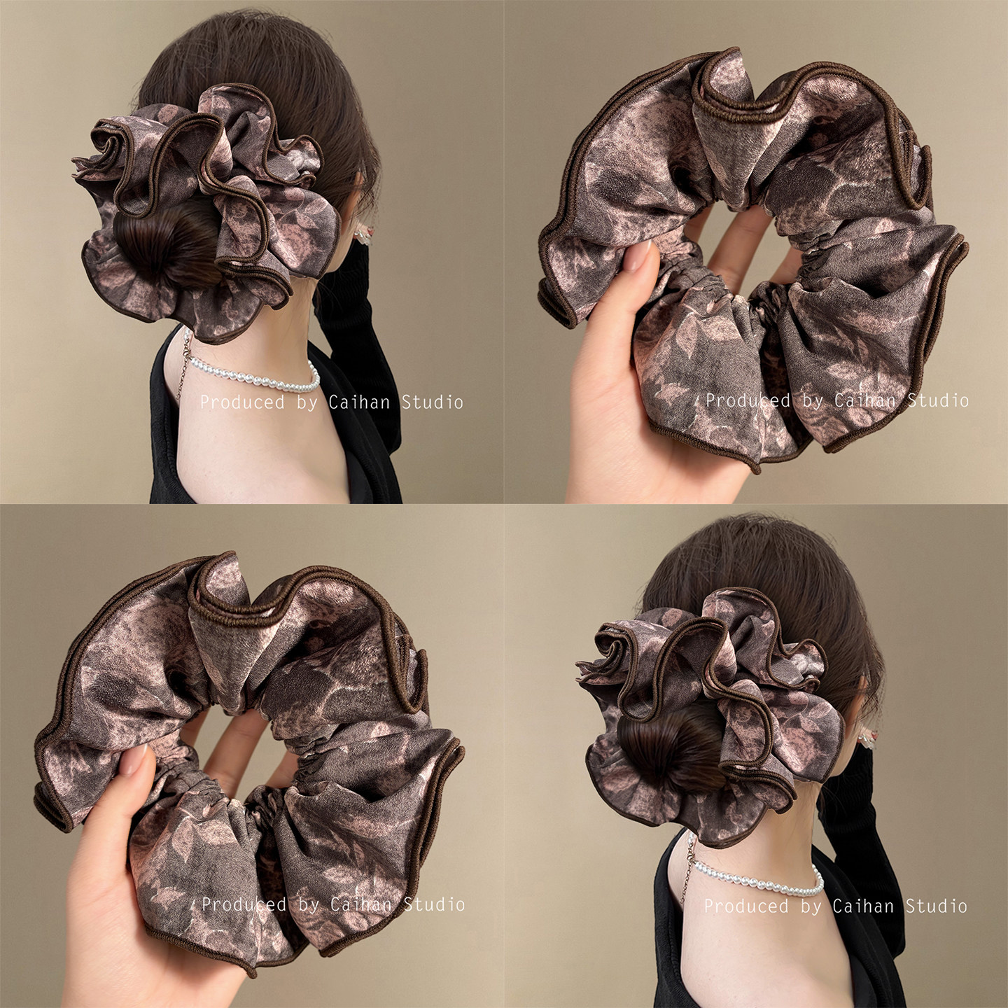 棕意霜柔~复古荷叶边玫瑰发圈女高级感后脑勺扎丸子头发绳发饰,饰品/流行首饰/时尚饰品新,发饰,淘宝优惠券,粉丝福利购,淘宝优惠卷