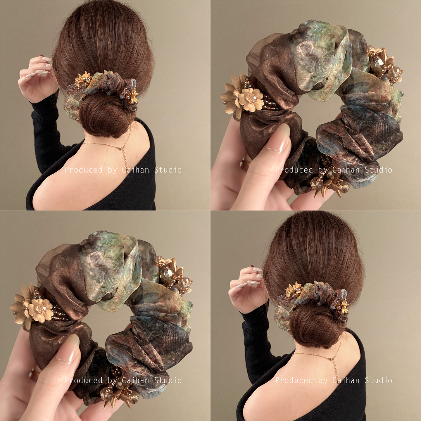 繁花浮梦~复古晕染网纱发圈女高级感气质仿水晶串珠头花发绳发饰