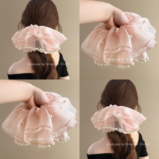 粉雾花镜~超仙欧根纱仿珍珠花边发圈甜美公主风马尾发饰旅行发卡