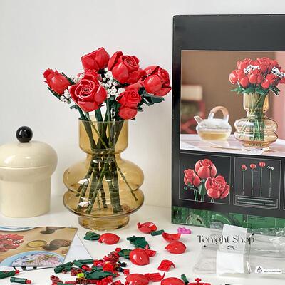 玫瑰积木花束玻璃花瓶装饰摆件