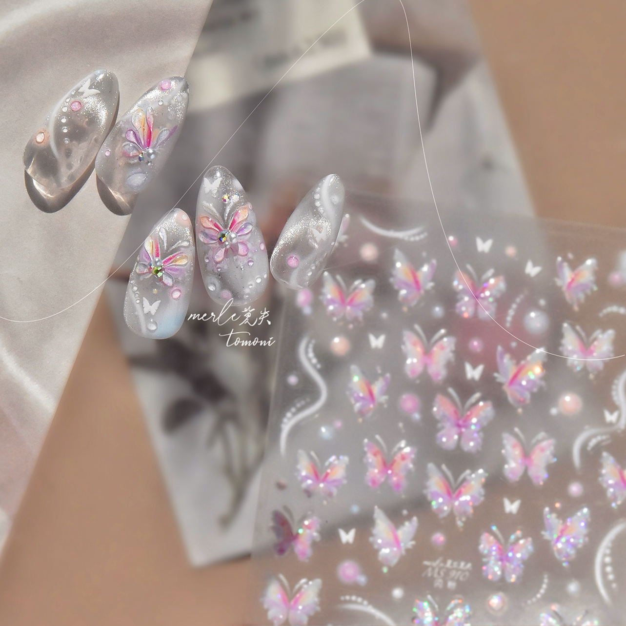 新款美甲贴纸蝴蝶款式百搭高级闪粉轻奢炫彩蝴蝶自带背胶指甲贴纸
