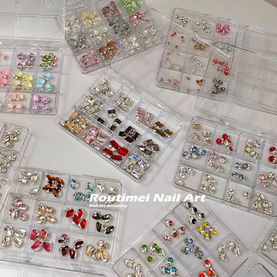 美甲钻饰材料盒12宫格高级爆闪手工成品堆钻长方斧头百搭堆钻饰品