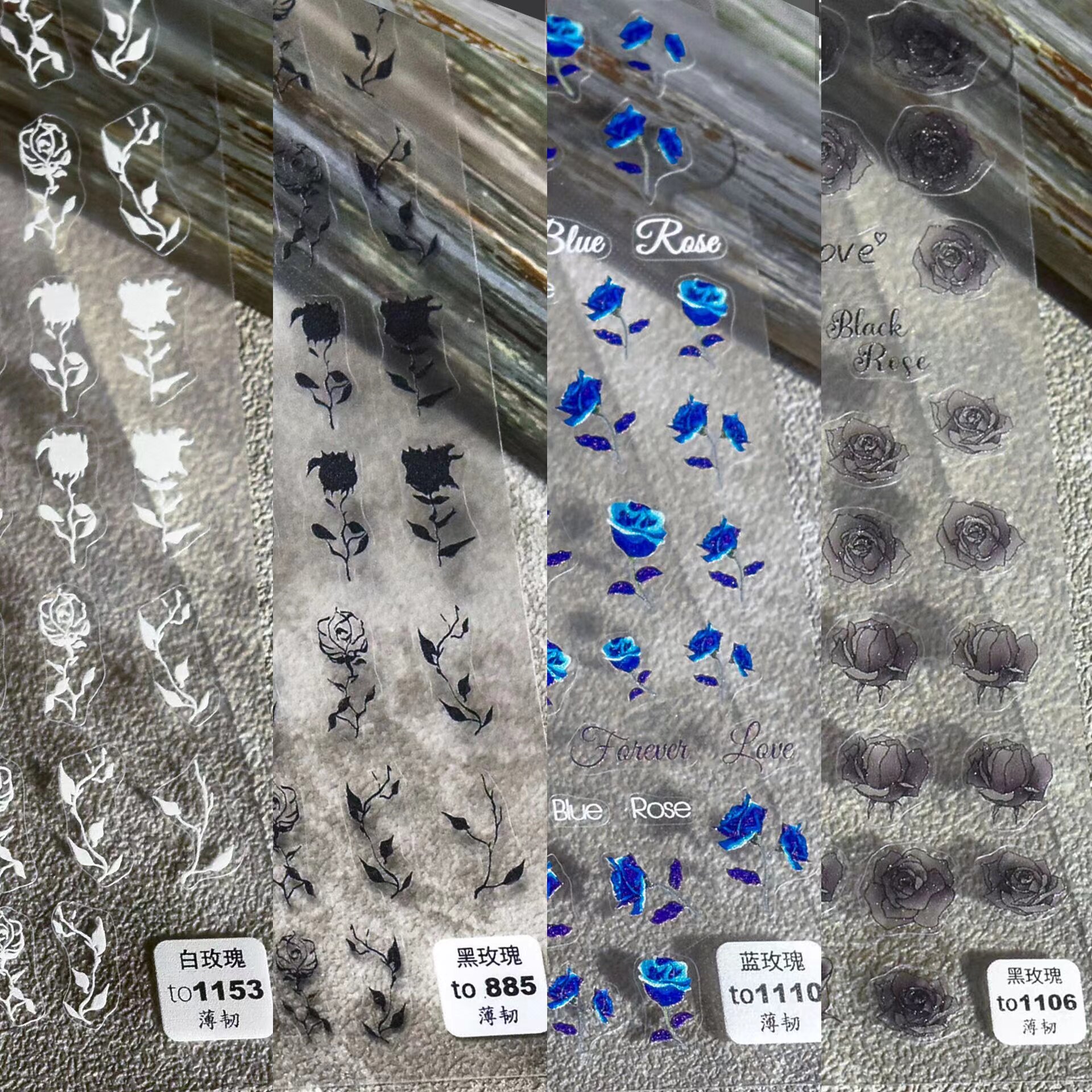 ins复古干玫瑰贴纸丧酷暗黑系日式花瓣叶子蓝玫瑰背胶指甲贴花